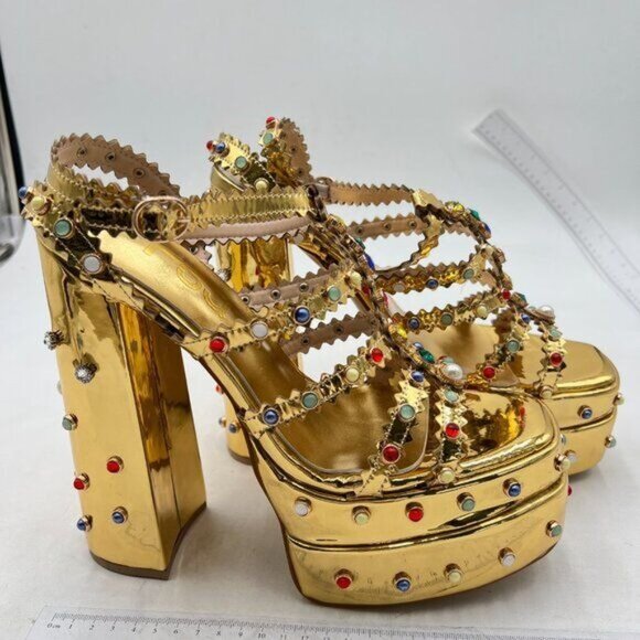 FSJ Women  Platform Sandals Studded with Crystals Diamonds High Heel  Gold - Picture 3 of 7